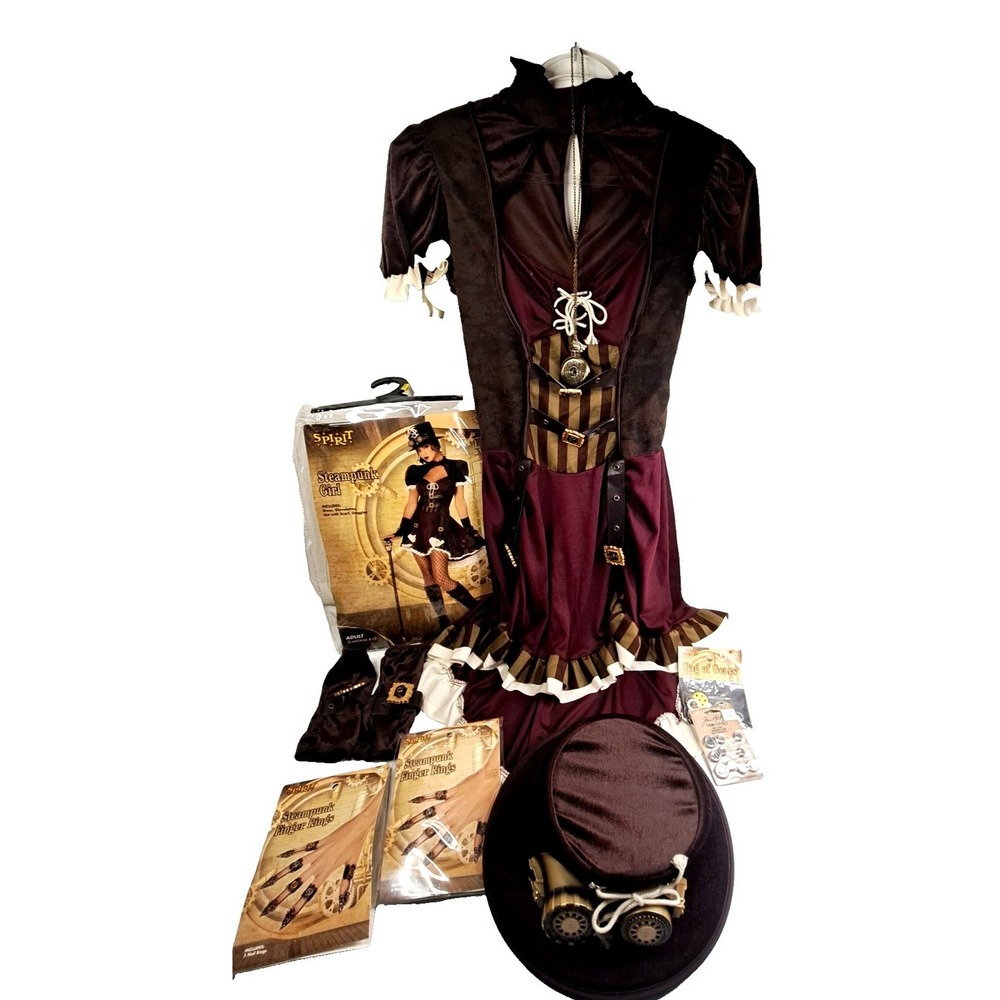 Spirit Halloween Steampunk Girl Costume Women Medium 8-10 Dress Hat Set